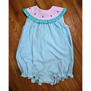 Vintage 90s Samara Girls 4T Seersucker Striped Sleeveless Watermelon Romper